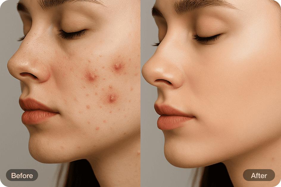 Chỉnh sửa chân dung bằng AI cho thấy trước và sau khi cải thiện khuôn mặt tự nhiên với kết cấu da được bảo tồn