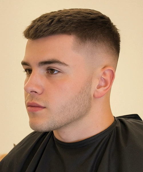 Crew cut fade with short textured top and skin-tight faded sides for bold contrast.