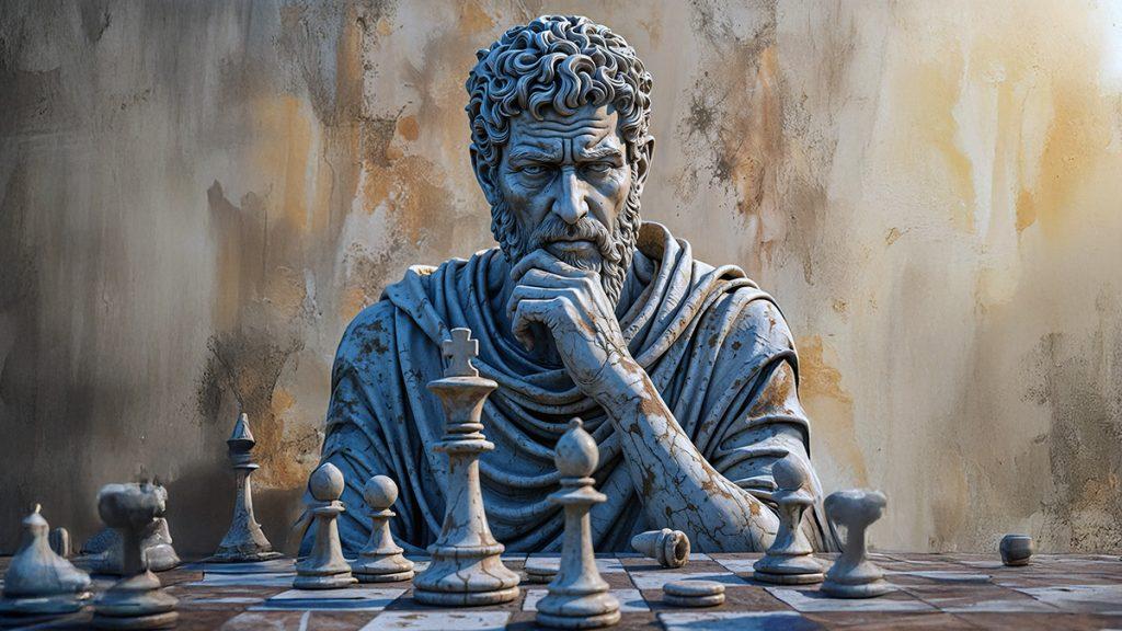 Stoic man marble statue playing chess