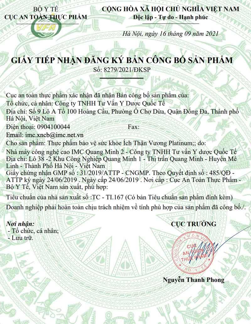 Giấy phép công bố Ích Thận Vương Platinum
