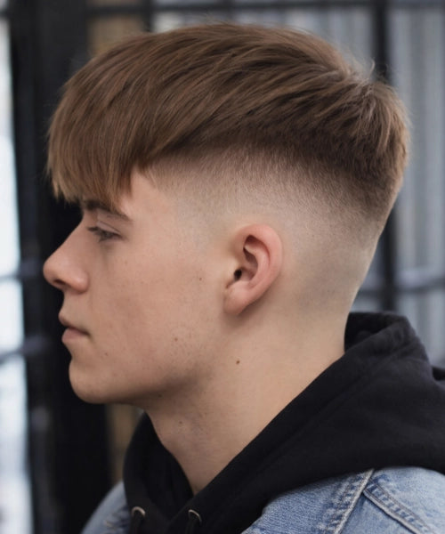 Mid fade haircut with smoothly blended sides and a long thick top styled forward for natural movement and soft flow