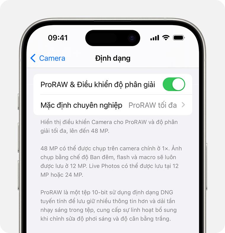 Trong iOS 17, bạn có thể đặt Độ phân giải ProRAW ở mức 12 MP hoặc 48 MP.