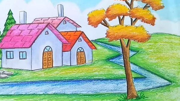 Chỉ bằng những cây màu sáp đẹp, chất lượng là bạn đã có thể tô màu cho cây, bờ cỏ xanh mướt bên dòng sông