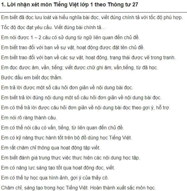 Mẫu nhận xét các môn học tiểu học theo Thông tư 27 - HoaTieuvn