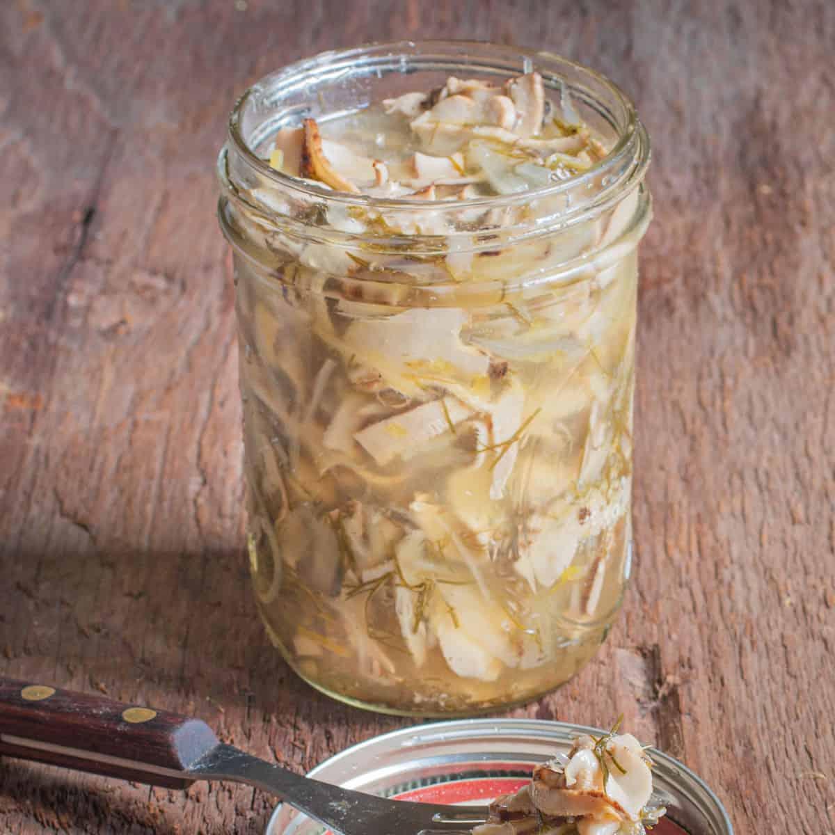PIckled dryad saddle mushrooms with jalapeno and dill