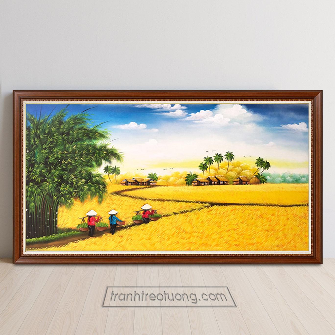 Mẫu tranh phong cảnh đồng quê mùa vàng bội thu cánh đồng lúa chín vàng TDQ544